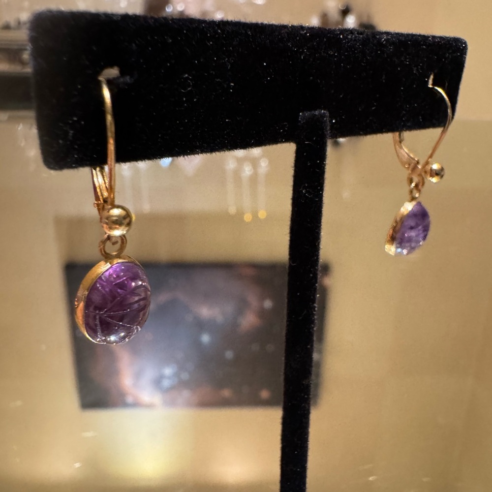 Vintage Van Dell Egyptian Scarab Amethyst Drop Earrings 14 KGF
